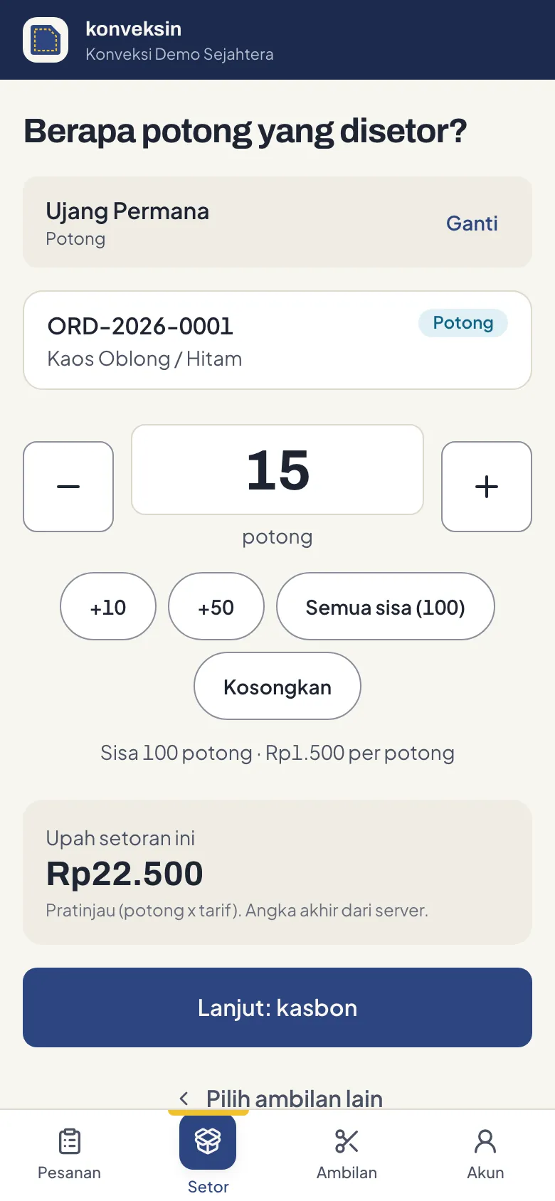 Layar setor di ponsel: mengatur jumlah dengan stepper