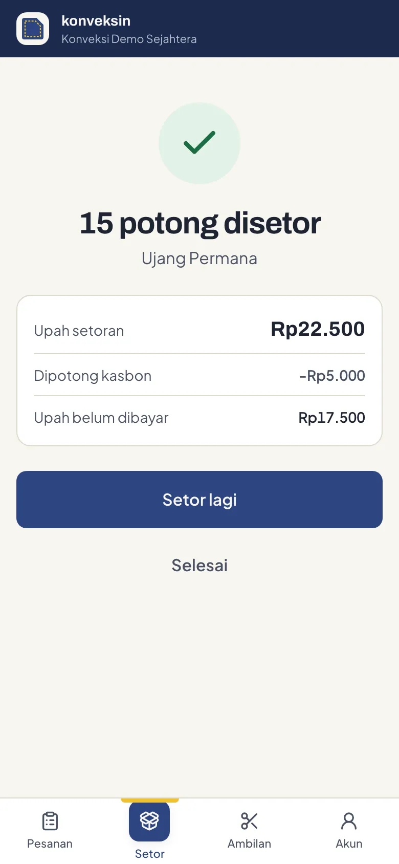 Layar sukses setelah setoran tersimpan
